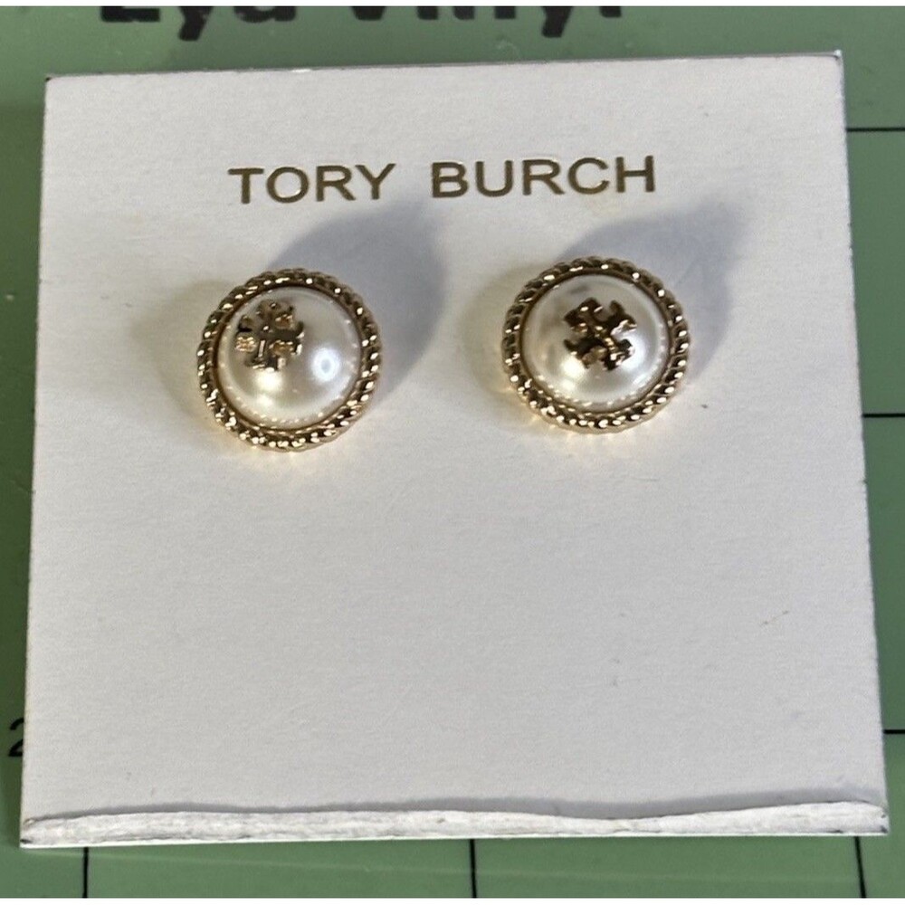 NWT Tory Burch Gold-tone Tory Logo Rope Faux Pearl Women's Earrings Pierced - Picture 5 of 7